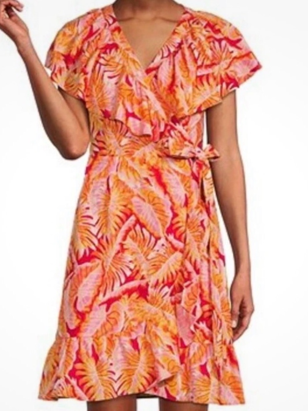 Gibson Latimer Pink & Orange Tropical Midi Wrap Dress